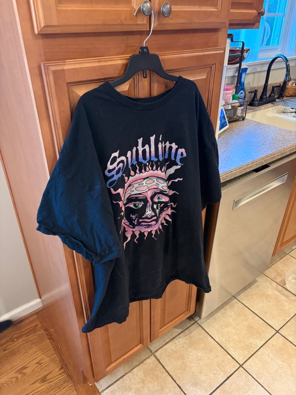 Black Graphic Tee for Kids - Pink & Purple Sun Design